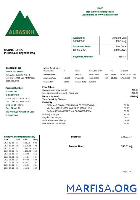 Printable Iraq AlRasikh electricity business utility bill template in Word and PDF format